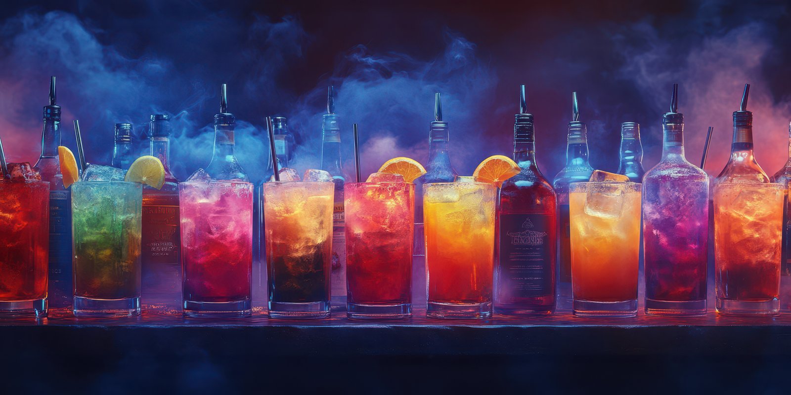 Colorful assortment of cocktails in illuminated bar setting during evening hours